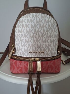 Michael Kors Rhea Mini Colorblock Backpack Vanilla Brown Coral